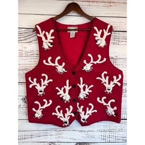 Holiday Christmas Reindeer Vest XL Applique Whimsical‎ Red Wool V-Neck Button
